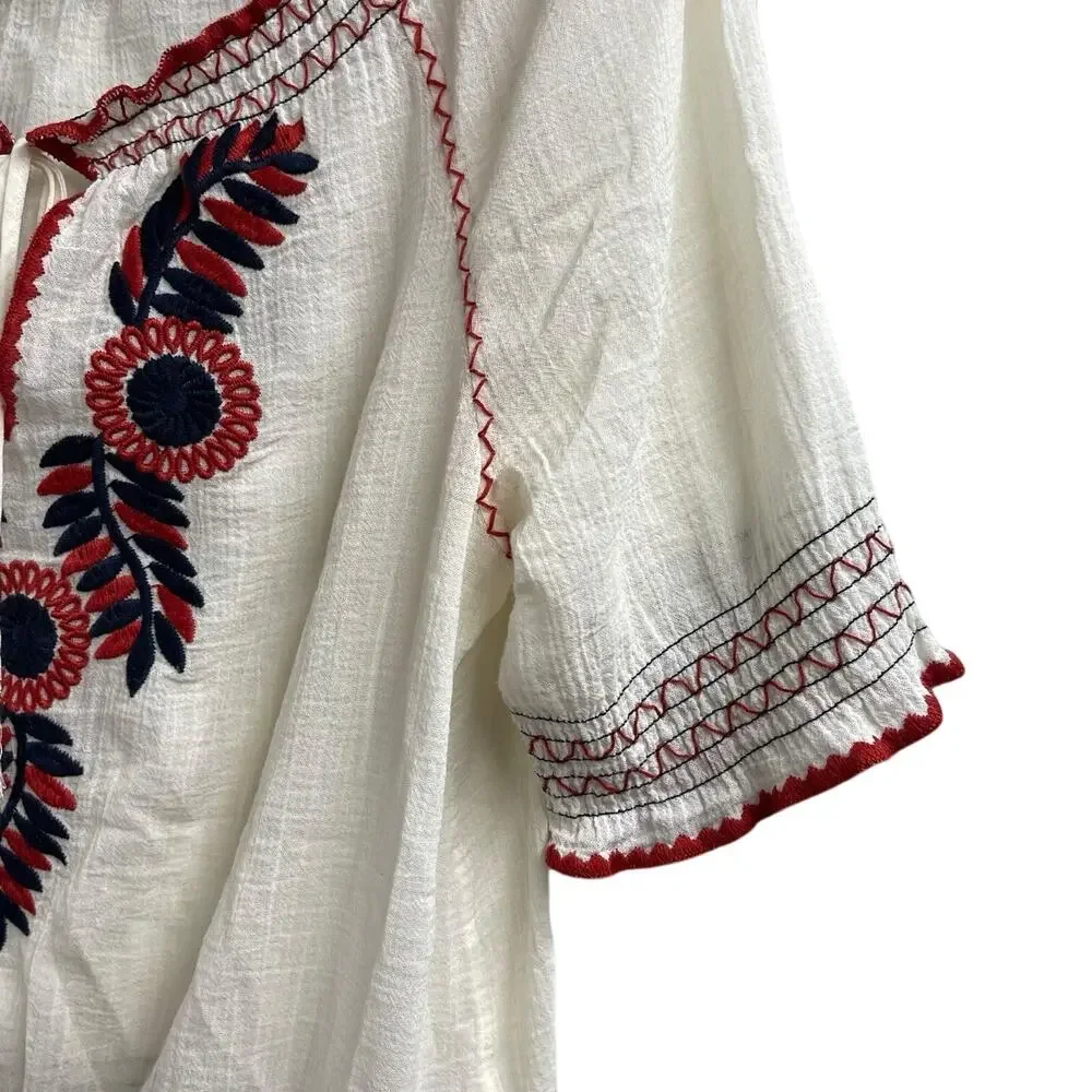 Tory Burch Mari Peasant Top M Cream Embroidered Boho 100% Cotton